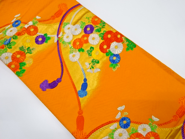 JAPANESE KIMONO / ANTIQUE FUKURO OBI / SILK / WOVEN KIKU